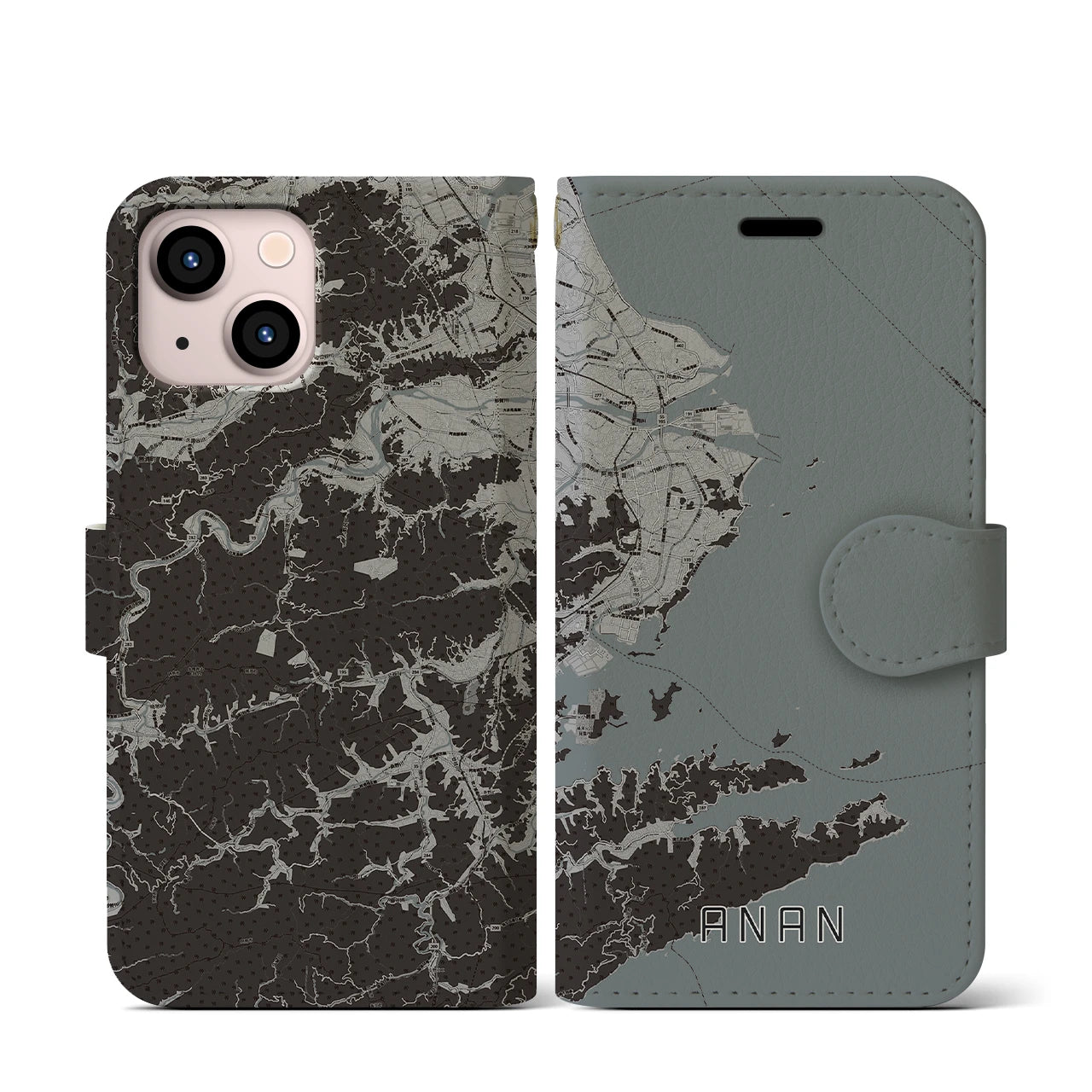 【阿南(徳島県)】地図柄iPhoneケース(手帳タイプ)モノトーン・iPhone 13 mini 用