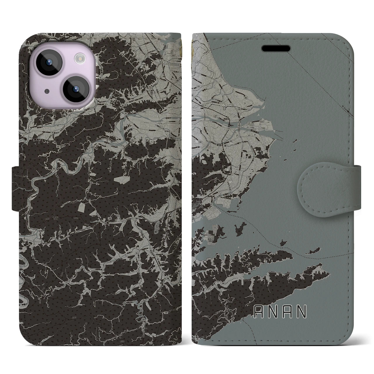 【阿南(徳島県)】地図柄iPhoneケース(手帳タイプ)モノトーン・iPhone 14 用