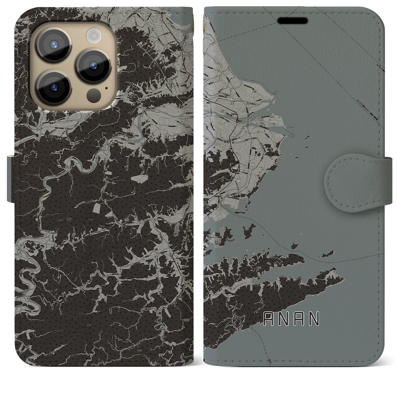 【阿南(徳島県)】地図柄iPhoneケース(手帳タイプ)モノトーン・iPhone 14 Pro Max 用