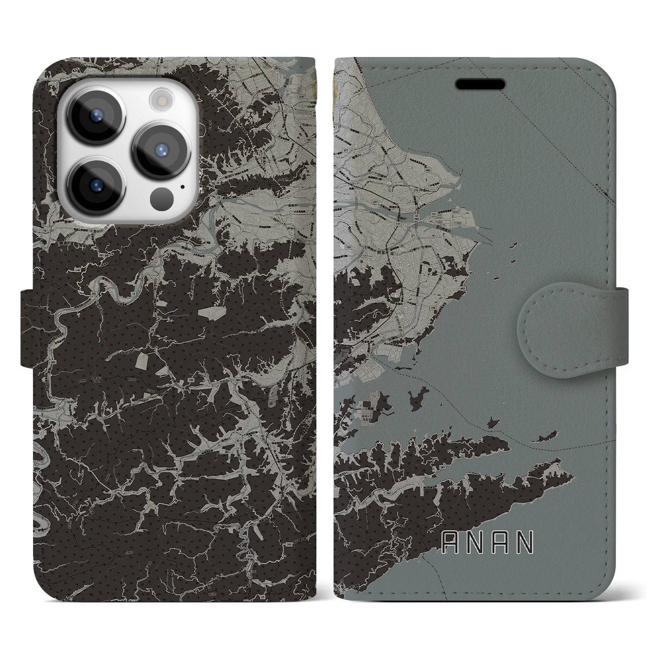 【阿南(徳島県)】地図柄iPhoneケース(手帳タイプ)モノトーン・iPhone 14 Pro 用