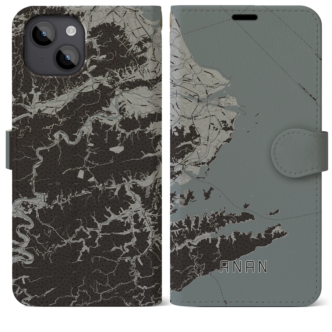 【阿南(徳島県)】地図柄iPhoneケース(手帳タイプ)モノトーン・iPhone 14 Plus 用