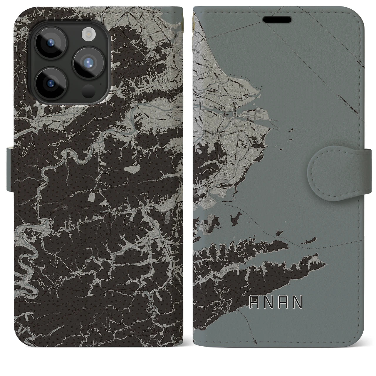 【阿南(徳島県)】地図柄iPhoneケース(手帳タイプ)モノトーン・iPhone 15 Pro Max 用