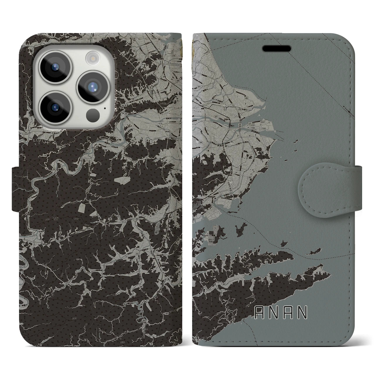 【阿南(徳島県)】地図柄iPhoneケース(手帳タイプ)モノトーン・iPhone 15 Pro 用
