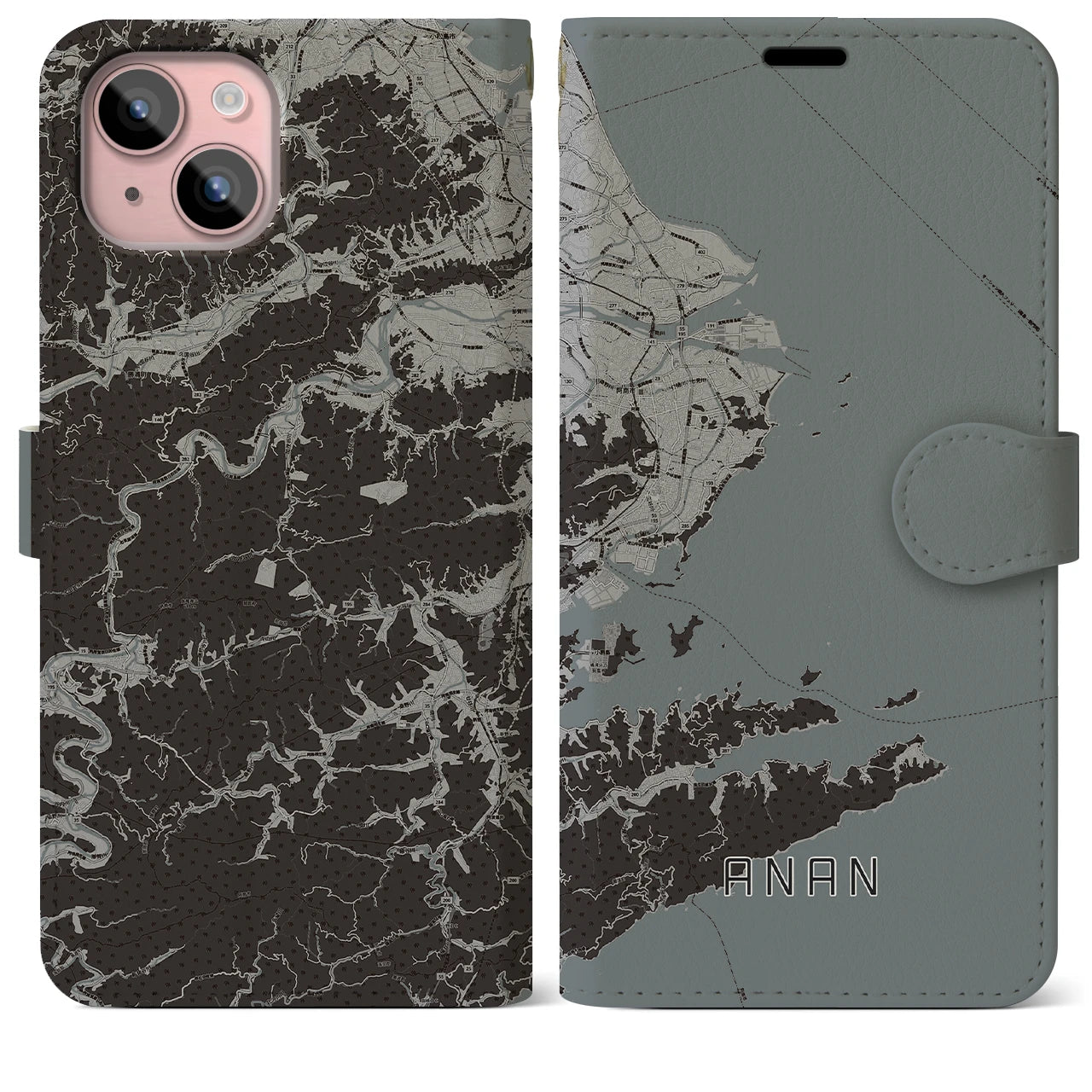 【阿南(徳島県)】地図柄iPhoneケース(手帳タイプ)モノトーン・iPhone 15 Plus 用