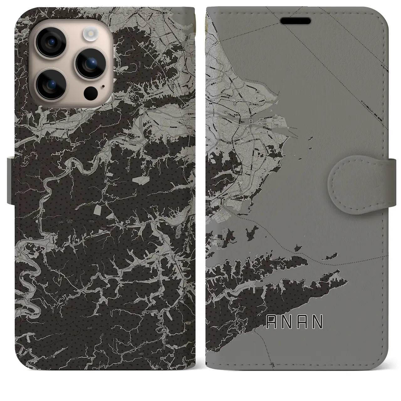 【阿南(徳島県)】地図柄iPhoneケース(手帳タイプ)モノトーン・iPhone 16 Plus 用