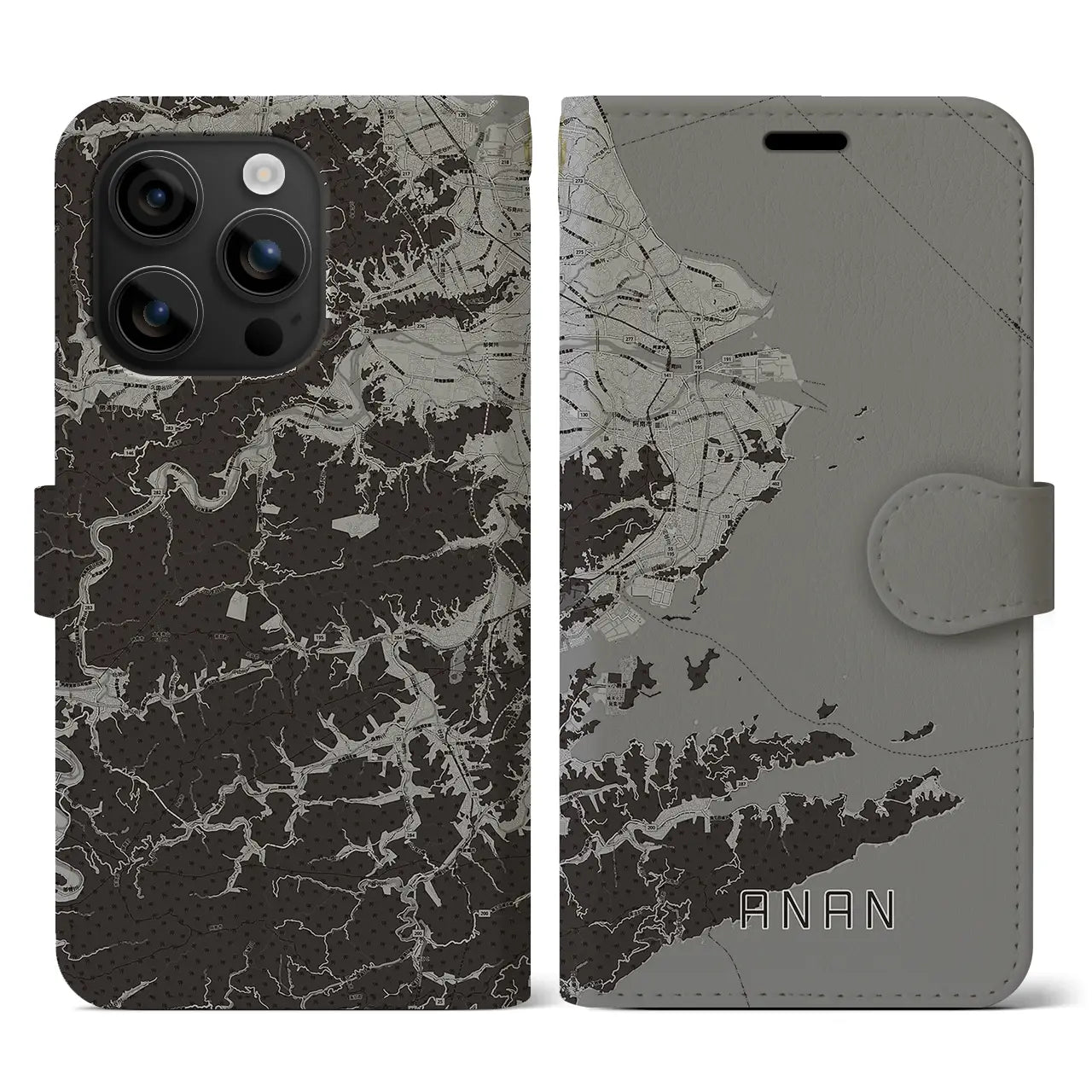 【阿南(徳島県)】地図柄iPhoneケース(手帳タイプ)モノトーン・iPhone 16 用