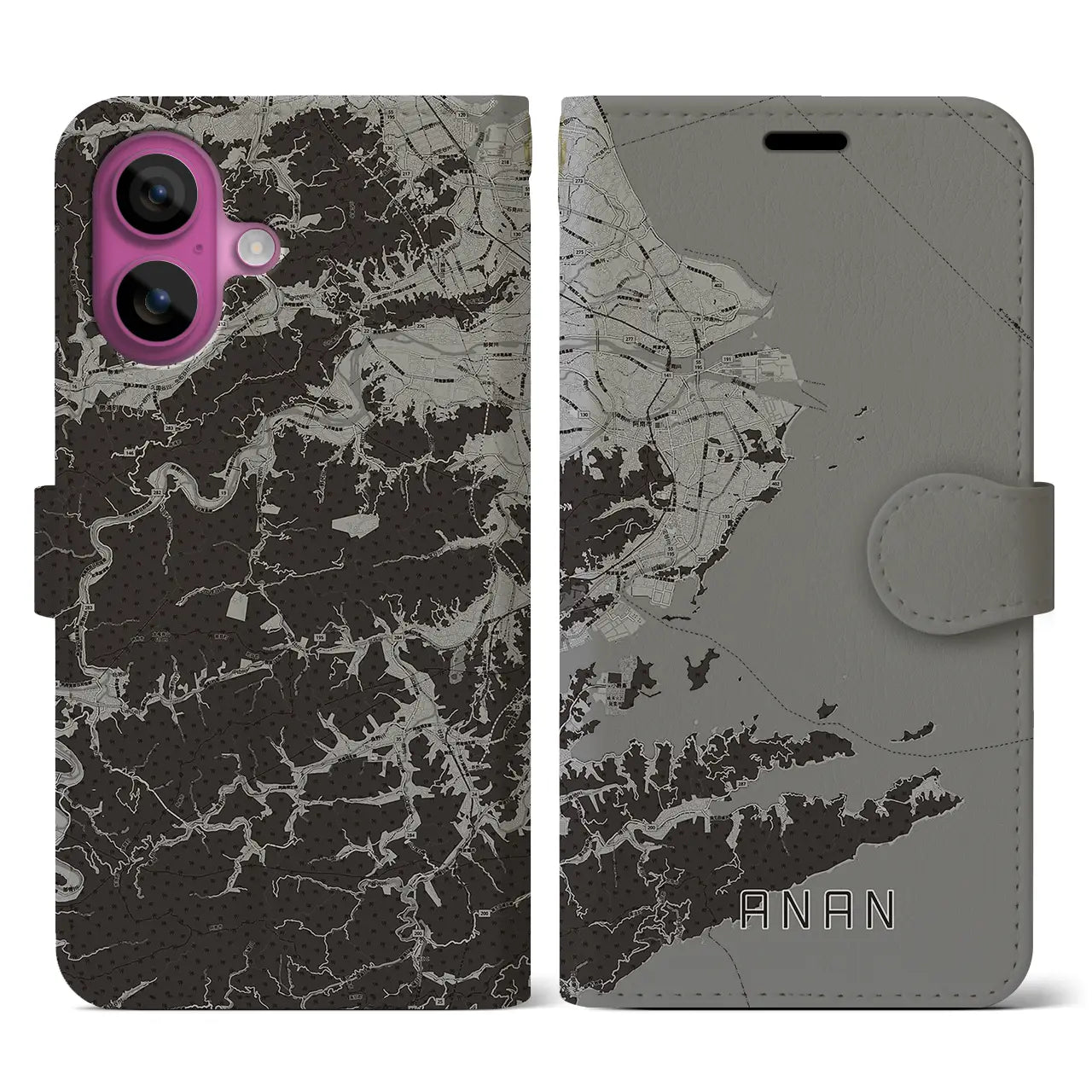 【阿南(徳島県)】地図柄iPhoneケース(手帳タイプ)モノトーン・iPhone 16 Pro 用