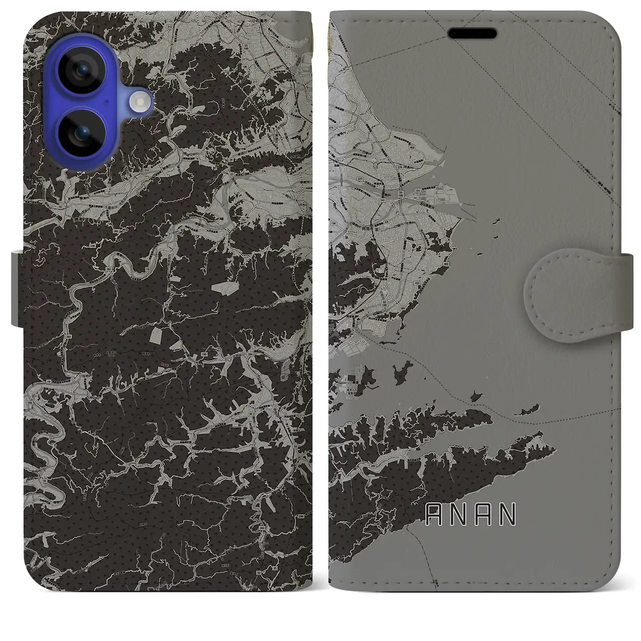【阿南(徳島県)】地図柄iPhoneケース(手帳タイプ)モノトーン・iPhone 16 Pro Max 用