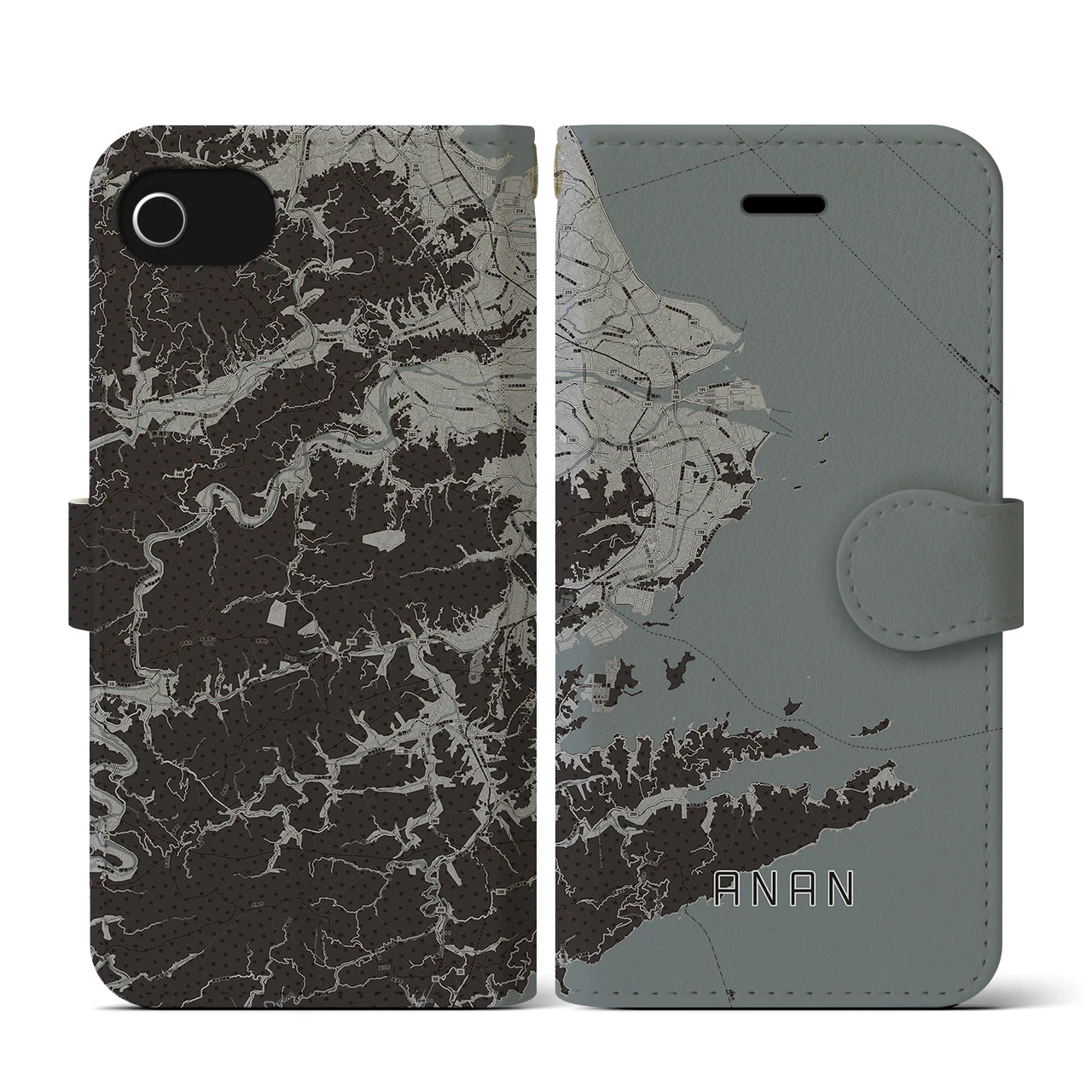 【阿南(徳島県)】地図柄iPhoneケース(手帳タイプ)モノトーン・iPhone SE(第3 / 第2世代) / 8 / 7 / 6s / 6 用