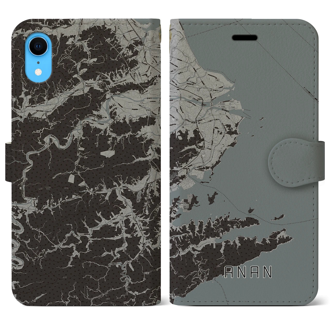 【阿南(徳島県)】地図柄iPhoneケース(手帳タイプ)モノトーン・iPhone XR 用