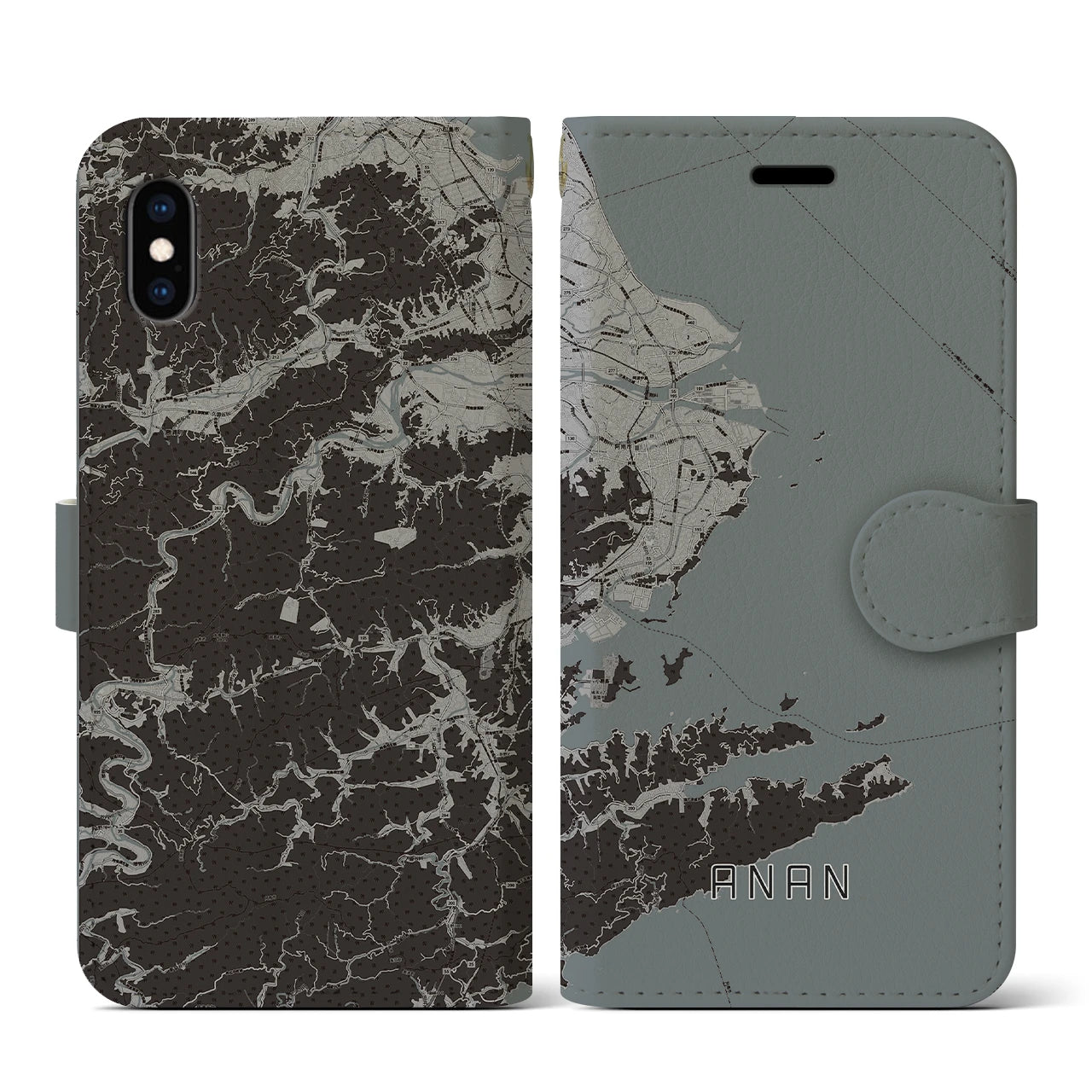 【阿南(徳島県)】地図柄iPhoneケース(手帳タイプ)モノトーン・iPhone XS / X 用