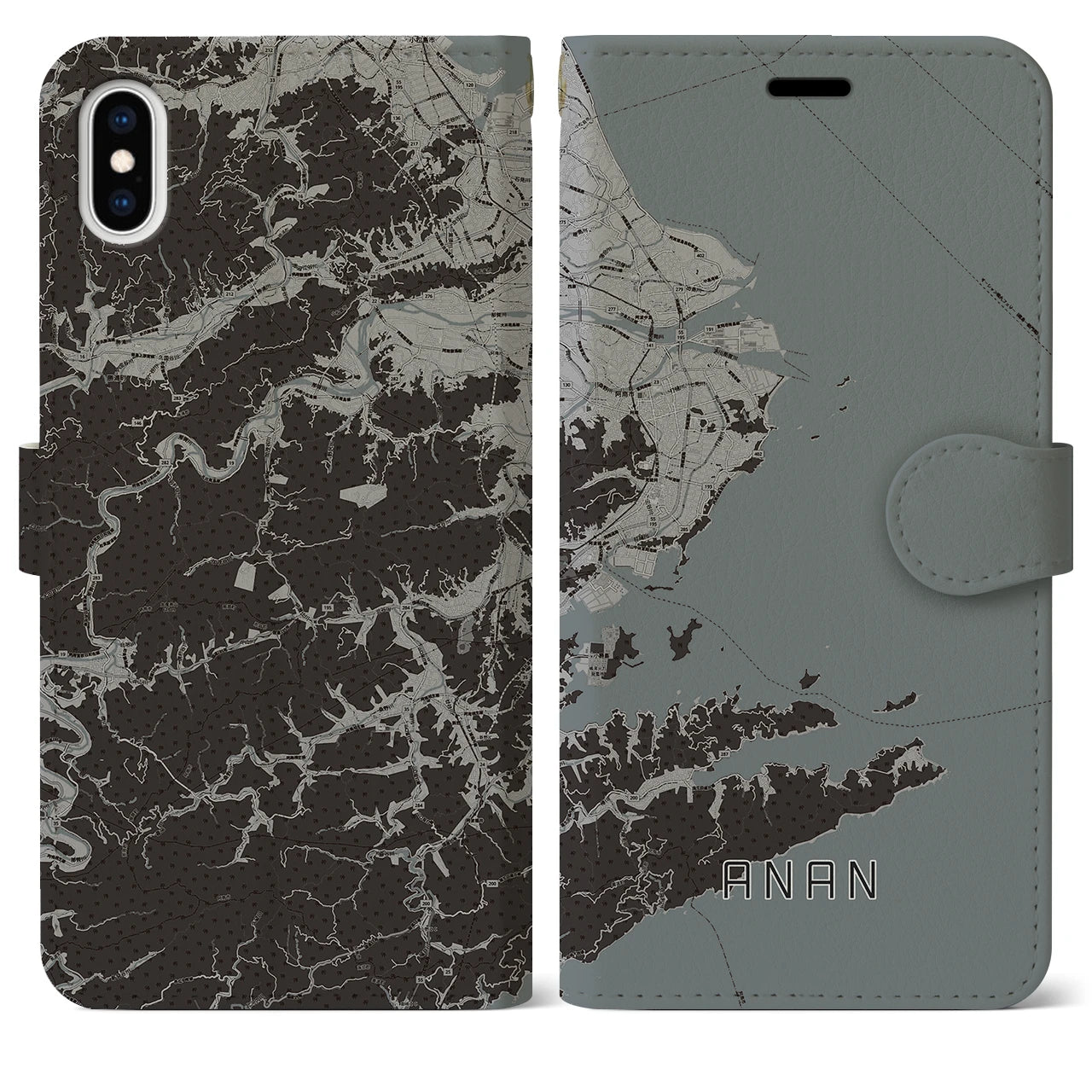 【阿南(徳島県)】地図柄iPhoneケース(手帳タイプ)モノトーン・iPhone XS Max 用