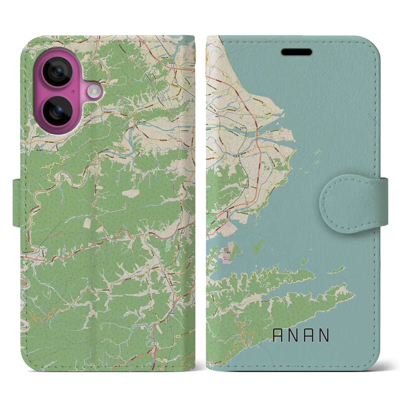 【阿南(徳島県)】地図柄iPhoneケース(手帳タイプ)ナチュラル・iPhone 16 Pro 用