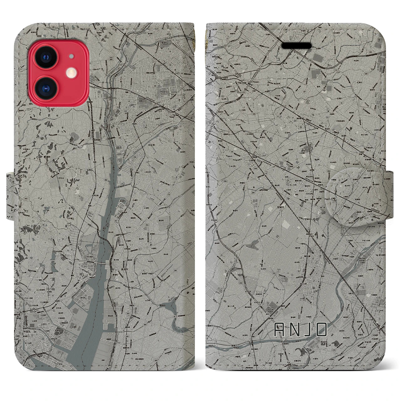 【安城(愛知県)】地図柄iPhoneケース(手帳タイプ)モノトーン・iPhone 11 用