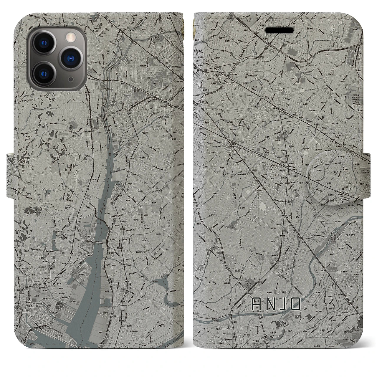 【安城(愛知県)】地図柄iPhoneケース(手帳タイプ)モノトーン・iPhone 11 Pro Max 用