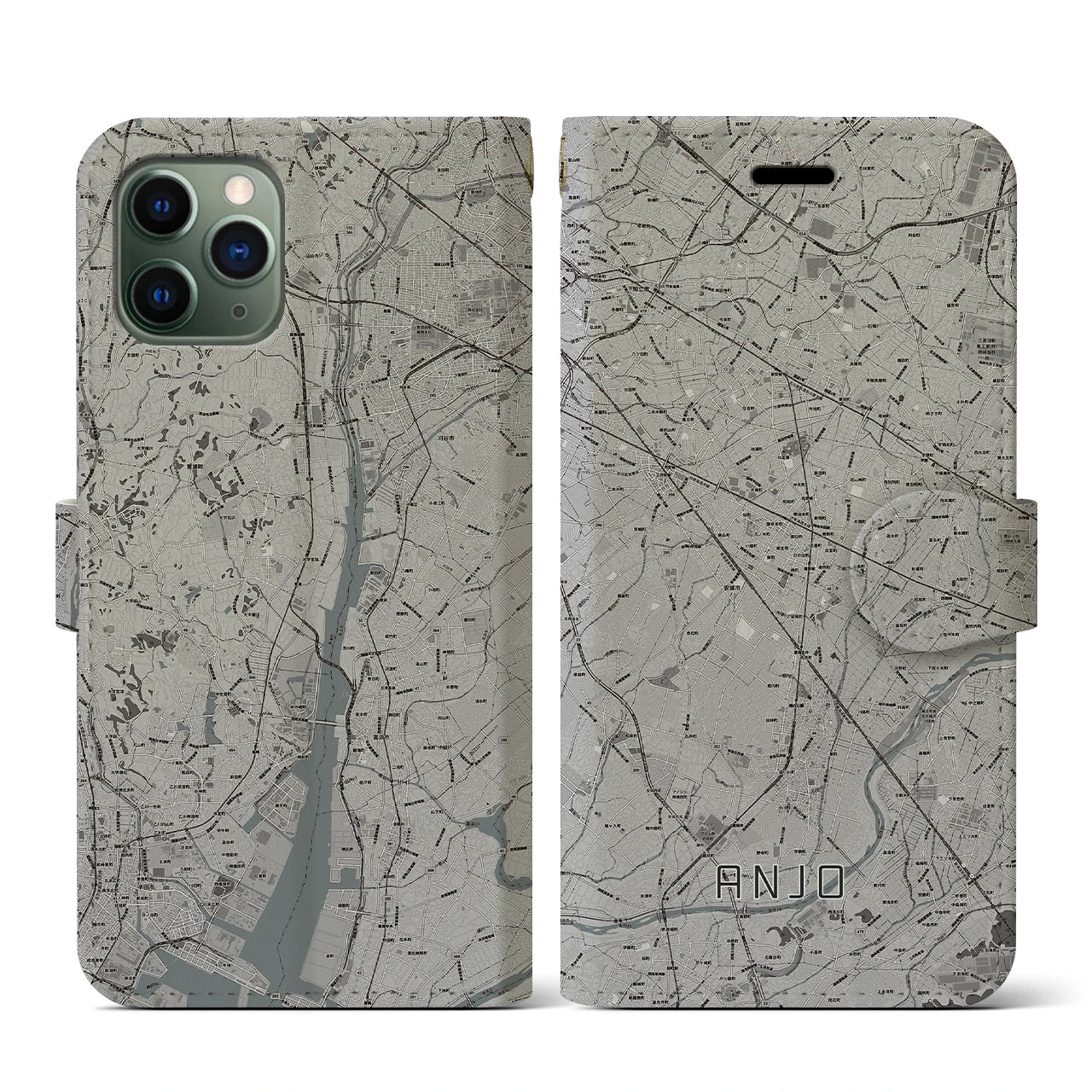 【安城(愛知県)】地図柄iPhoneケース(手帳タイプ)モノトーン・iPhone 11 Pro 用