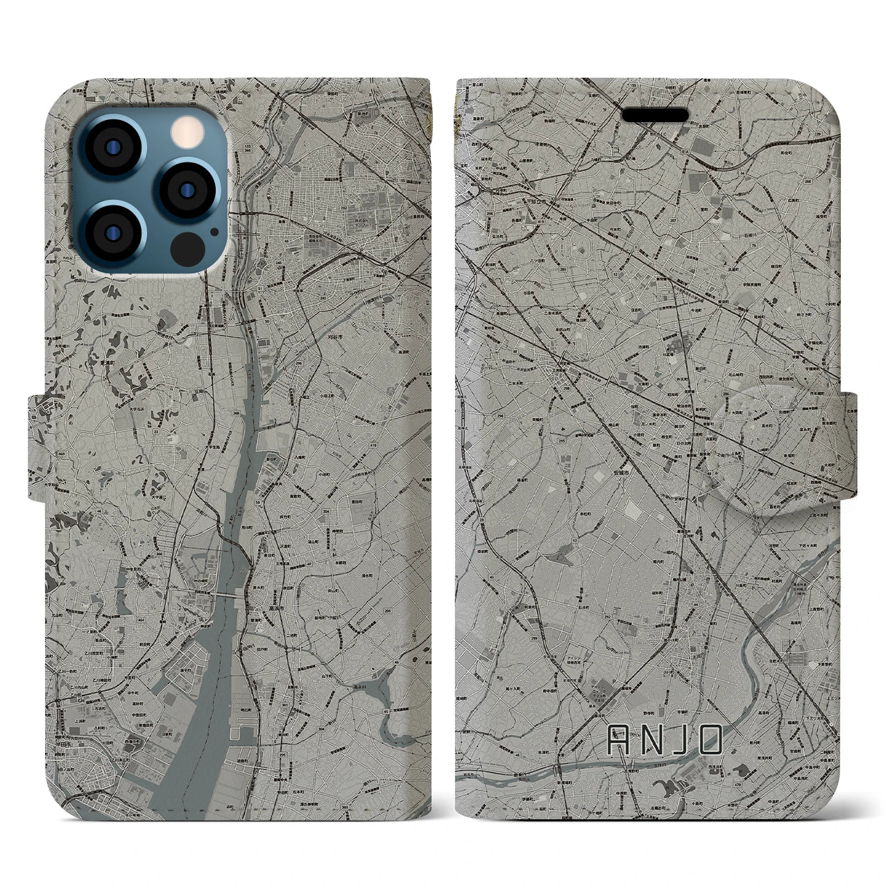 【安城(愛知県)】地図柄iPhoneケース(手帳タイプ)モノトーン・iPhone 12 / 12 Pro 用