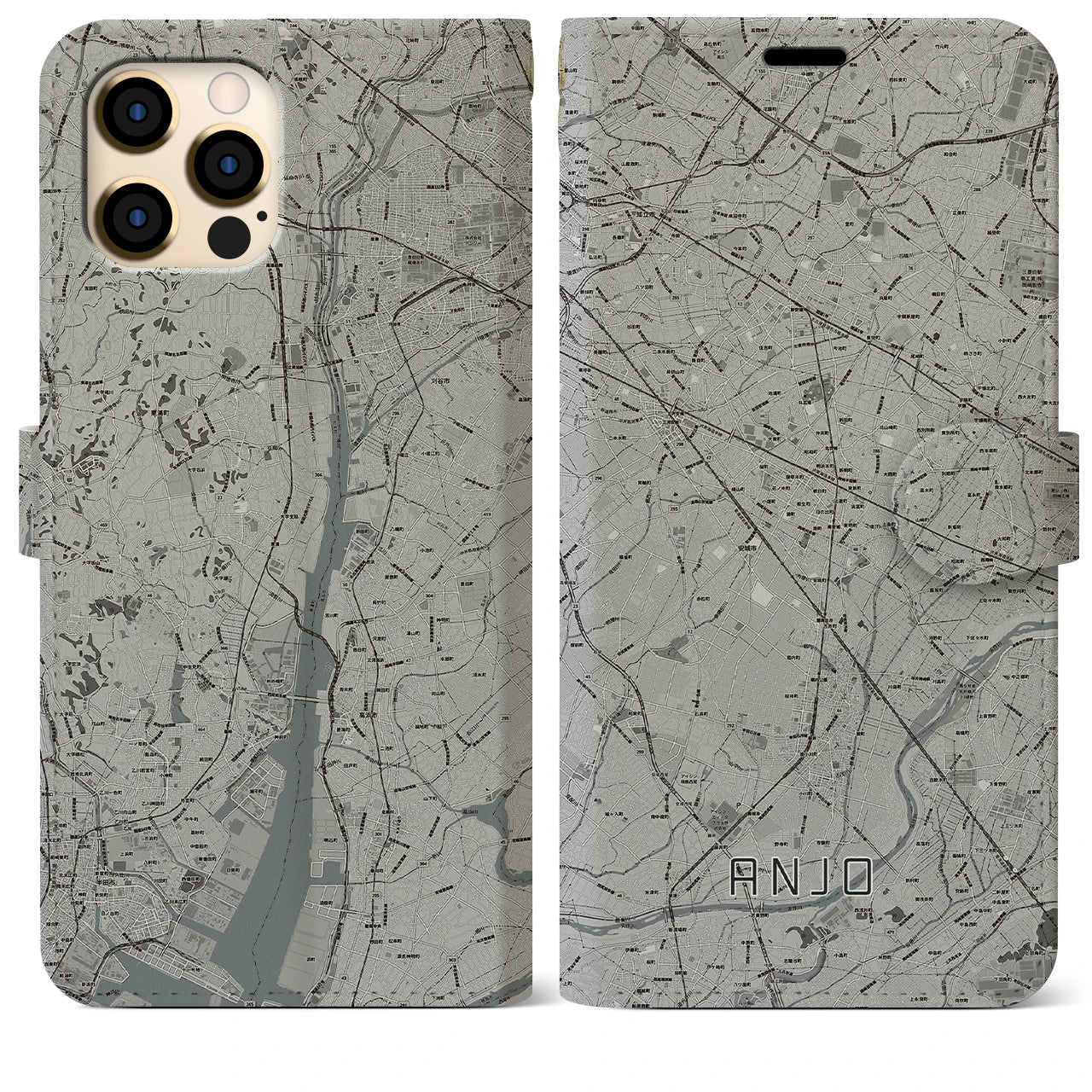 【安城(愛知県)】地図柄iPhoneケース(手帳タイプ)モノトーン・iPhone 12 Pro Max 用
