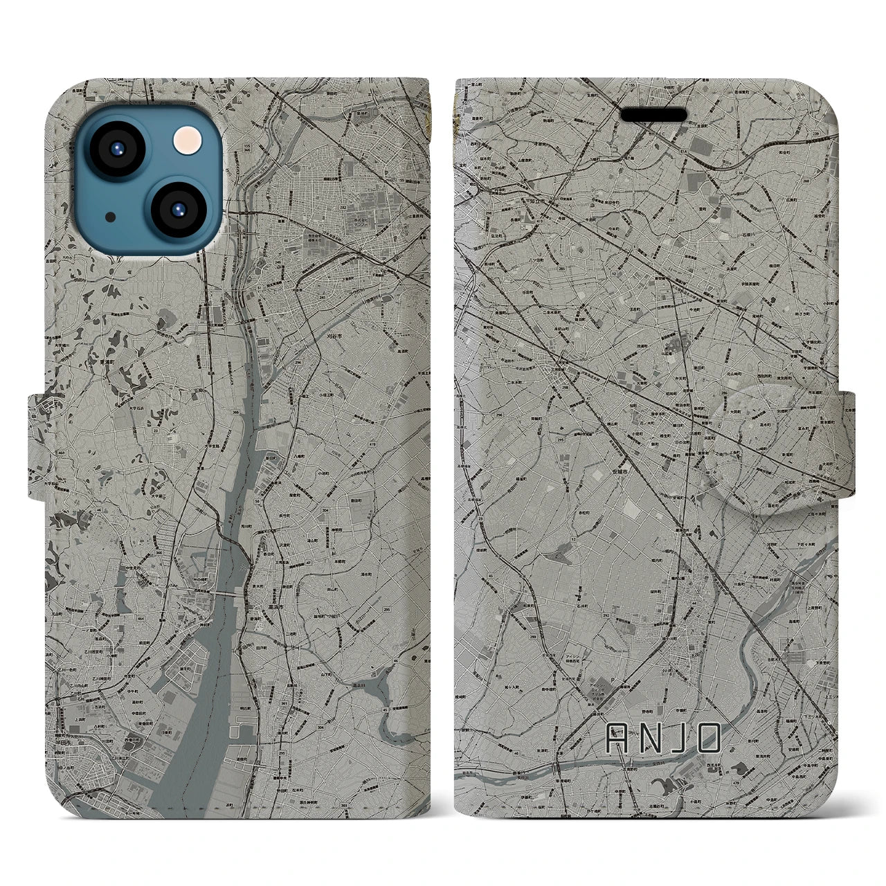 【安城(愛知県)】地図柄iPhoneケース(手帳タイプ)モノトーン・iPhone 13 用