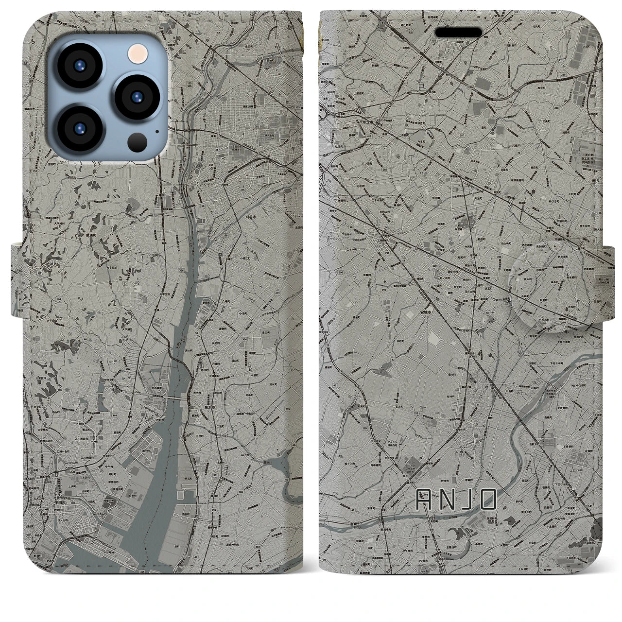 【安城(愛知県)】地図柄iPhoneケース(手帳タイプ)モノトーン・iPhone 13 Pro Max 用