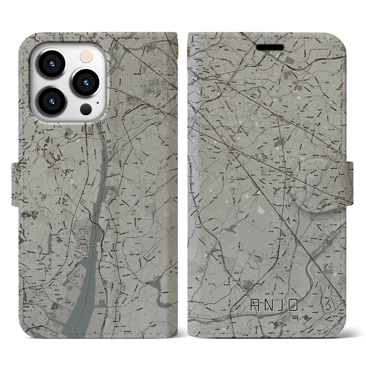 【安城(愛知県)】地図柄iPhoneケース(手帳タイプ)モノトーン・iPhone 13 Pro 用
