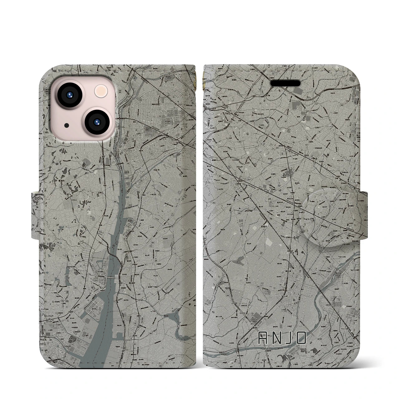 【安城(愛知県)】地図柄iPhoneケース(手帳タイプ)モノトーン・iPhone 13 mini 用