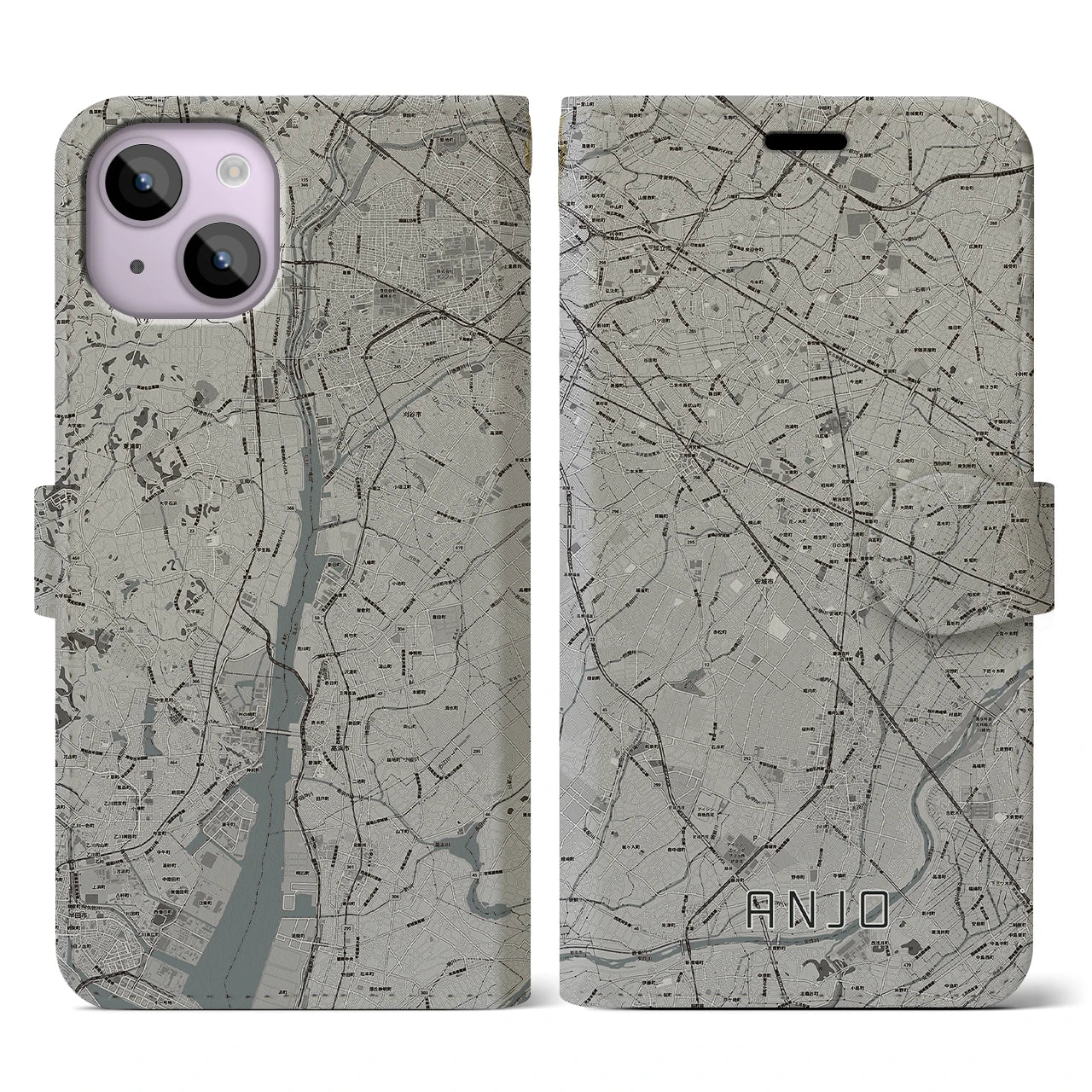 【安城(愛知県)】地図柄iPhoneケース(手帳タイプ)モノトーン・iPhone 14 用