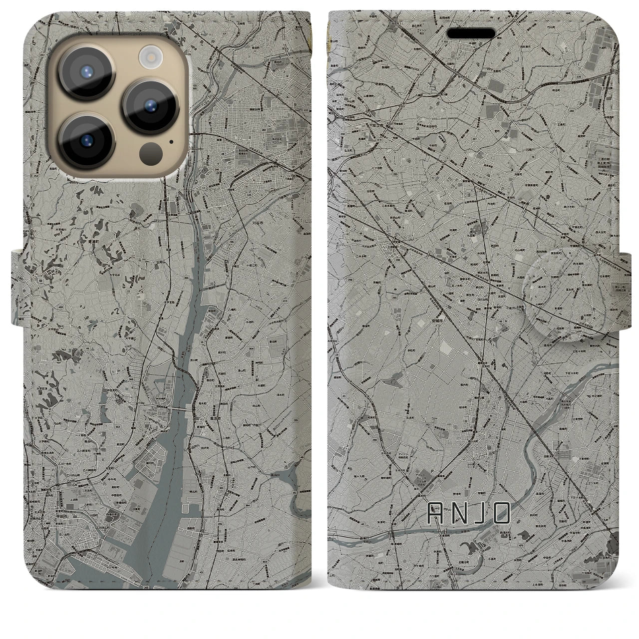 【安城(愛知県)】地図柄iPhoneケース(手帳タイプ)モノトーン・iPhone 14 Pro Max 用