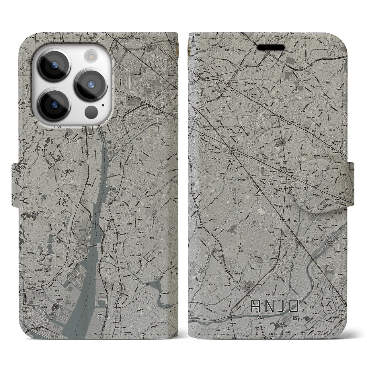 【安城(愛知県)】地図柄iPhoneケース(手帳タイプ)モノトーン・iPhone 14 Pro 用