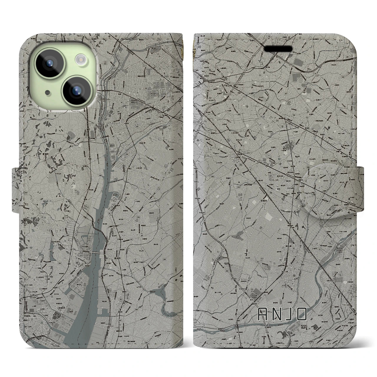 【安城(愛知県)】地図柄iPhoneケース(手帳タイプ)モノトーン・iPhone 15 用