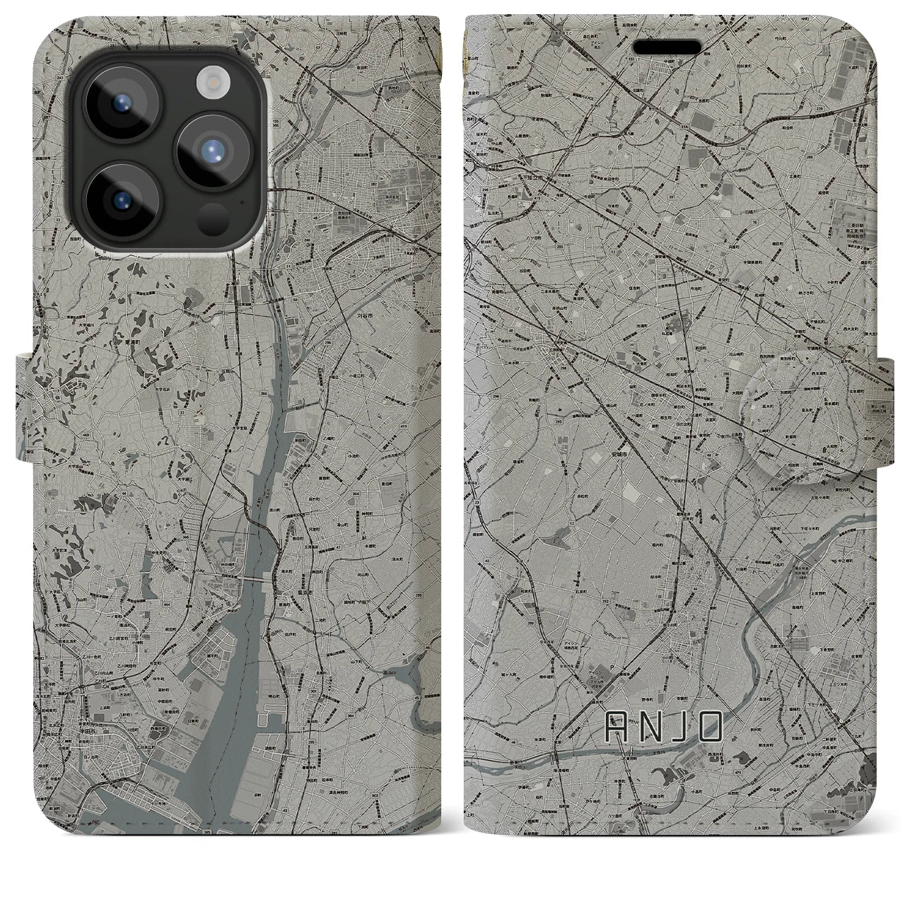 【安城(愛知県)】地図柄iPhoneケース(手帳タイプ)モノトーン・iPhone 15 Pro Max 用