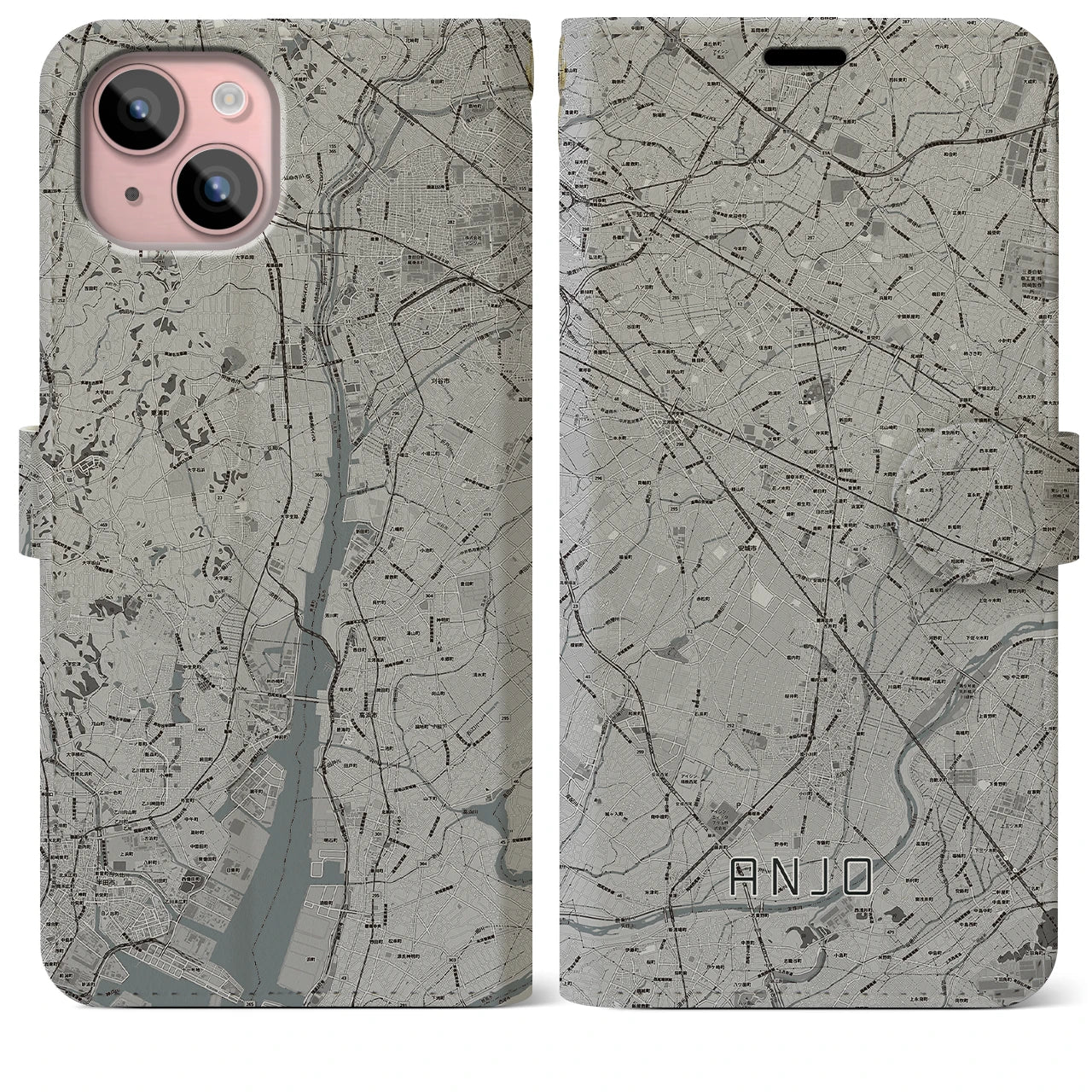 【安城(愛知県)】地図柄iPhoneケース(手帳タイプ)モノトーン・iPhone 15 Plus 用