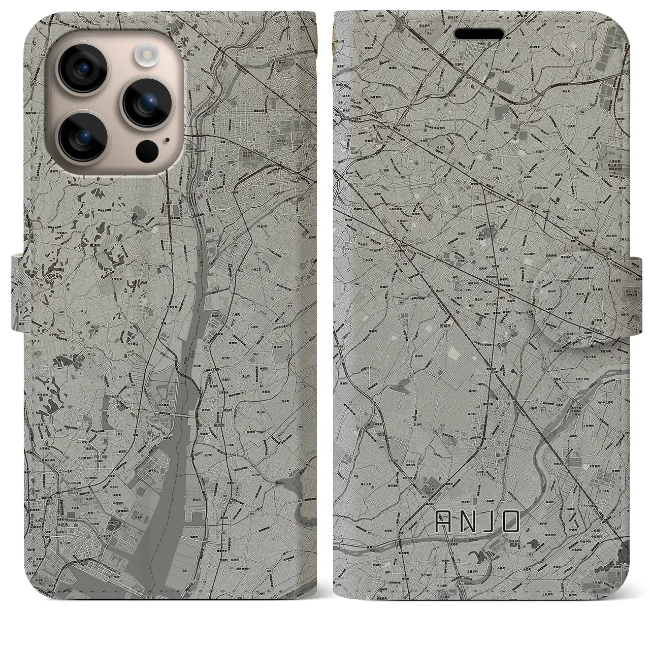 【安城(愛知県)】地図柄iPhoneケース(手帳タイプ)モノトーン・iPhone 16 Plus 用