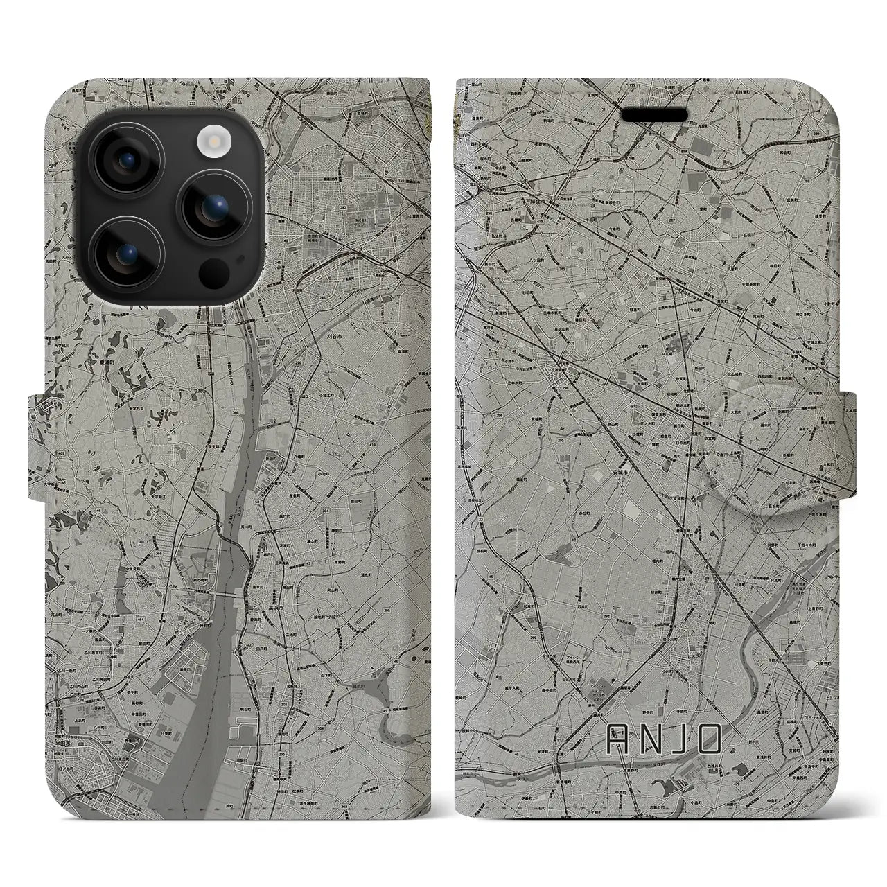 【安城(愛知県)】地図柄iPhoneケース(手帳タイプ)モノトーン・iPhone 16 用