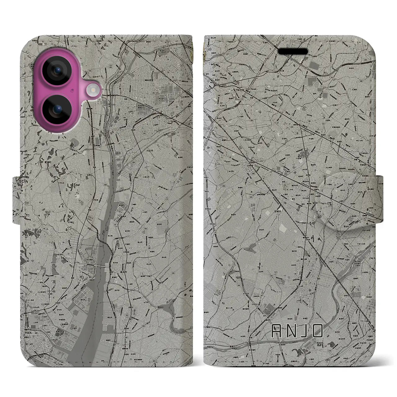 【安城(愛知県)】地図柄iPhoneケース(手帳タイプ)モノトーン・iPhone 16 Pro 用