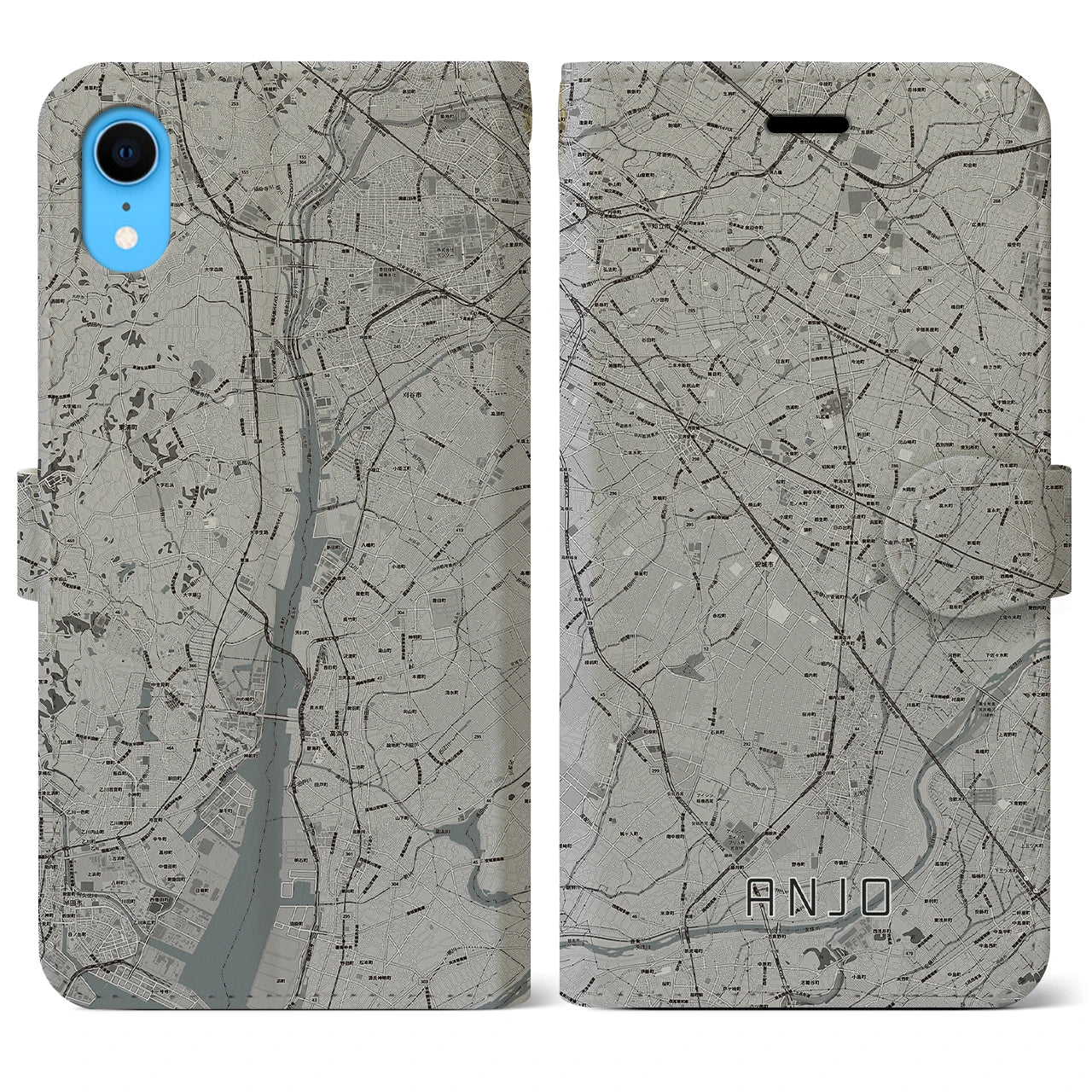 【安城(愛知県)】地図柄iPhoneケース(手帳タイプ)モノトーン・iPhone XR 用