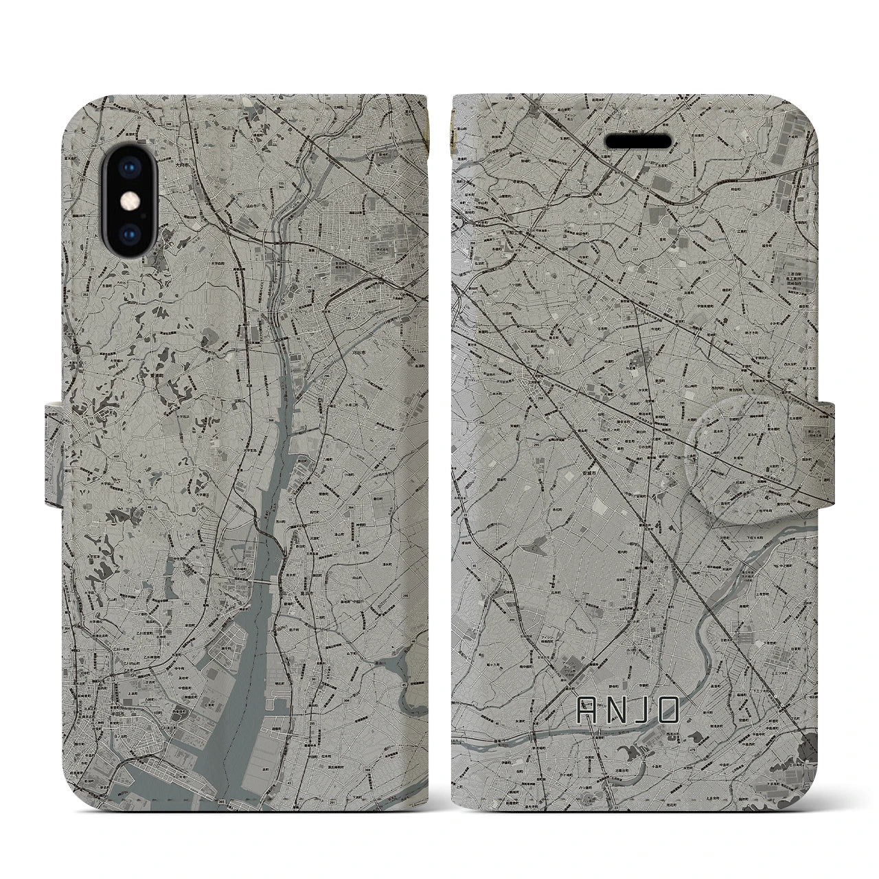 【安城(愛知県)】地図柄iPhoneケース(手帳タイプ)モノトーン・iPhone XS / X 用