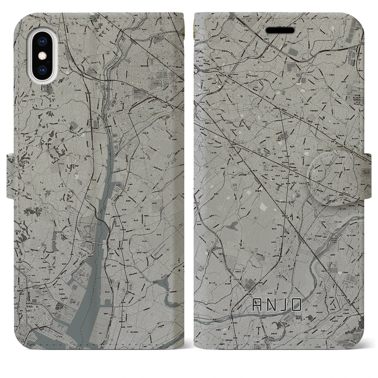 【安城(愛知県)】地図柄iPhoneケース(手帳タイプ)モノトーン・iPhone XS Max 用