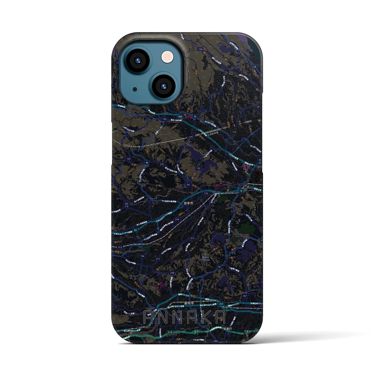 【安中(群馬県)】地図柄iPhoneケース(バックカバータイプ)ブラック・iPhone 13 用