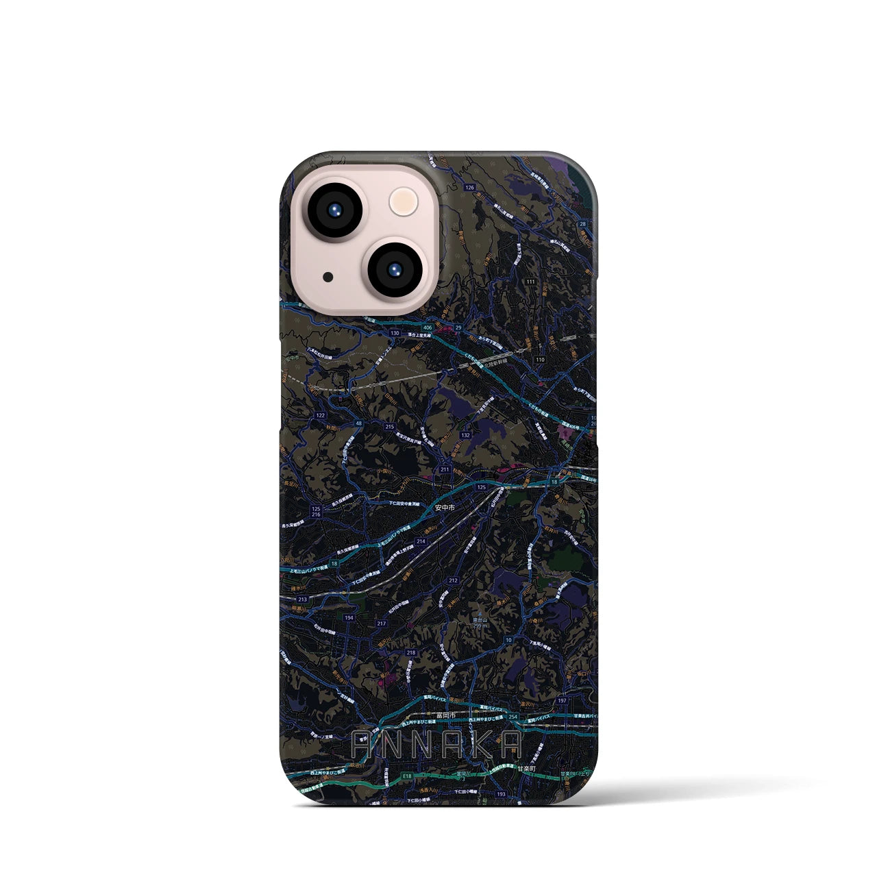 【安中(群馬県)】地図柄iPhoneケース(バックカバータイプ)ブラック・iPhone 13 mini 用