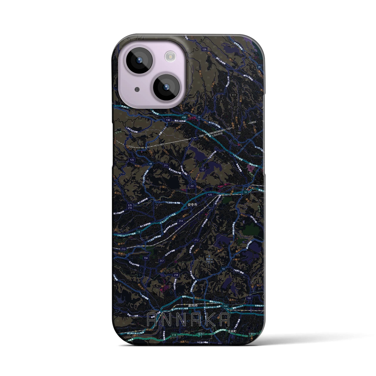 【安中(群馬県)】地図柄iPhoneケース(バックカバータイプ)ブラック・iPhone 14 用