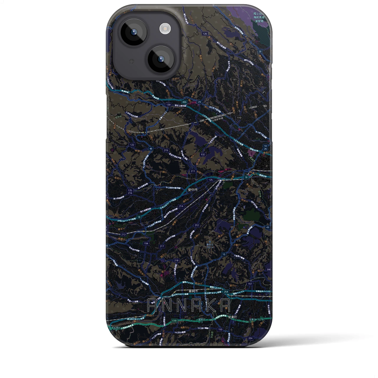 【安中(群馬県)】地図柄iPhoneケース(バックカバータイプ)ブラック・iPhone 14 Plus 用