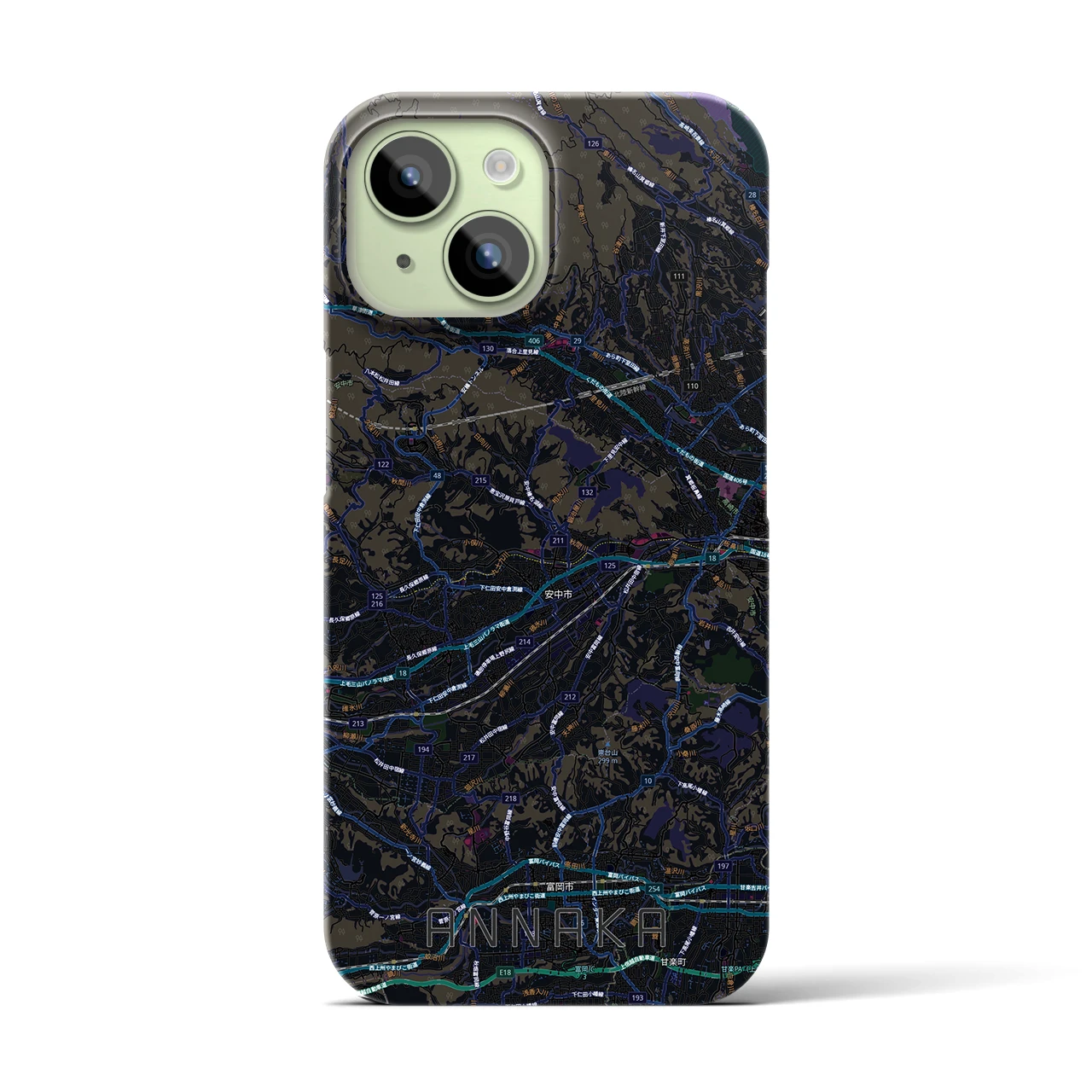 【安中(群馬県)】地図柄iPhoneケース(バックカバータイプ)ブラック・iPhone 15 用
