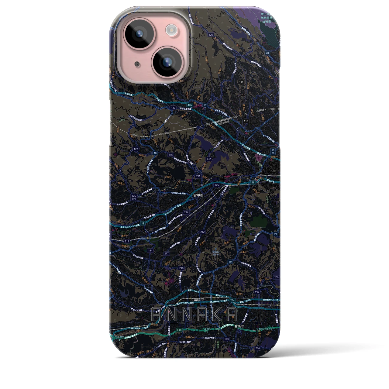 【安中(群馬県)】地図柄iPhoneケース(バックカバータイプ)ブラック・iPhone 15 Plus 用