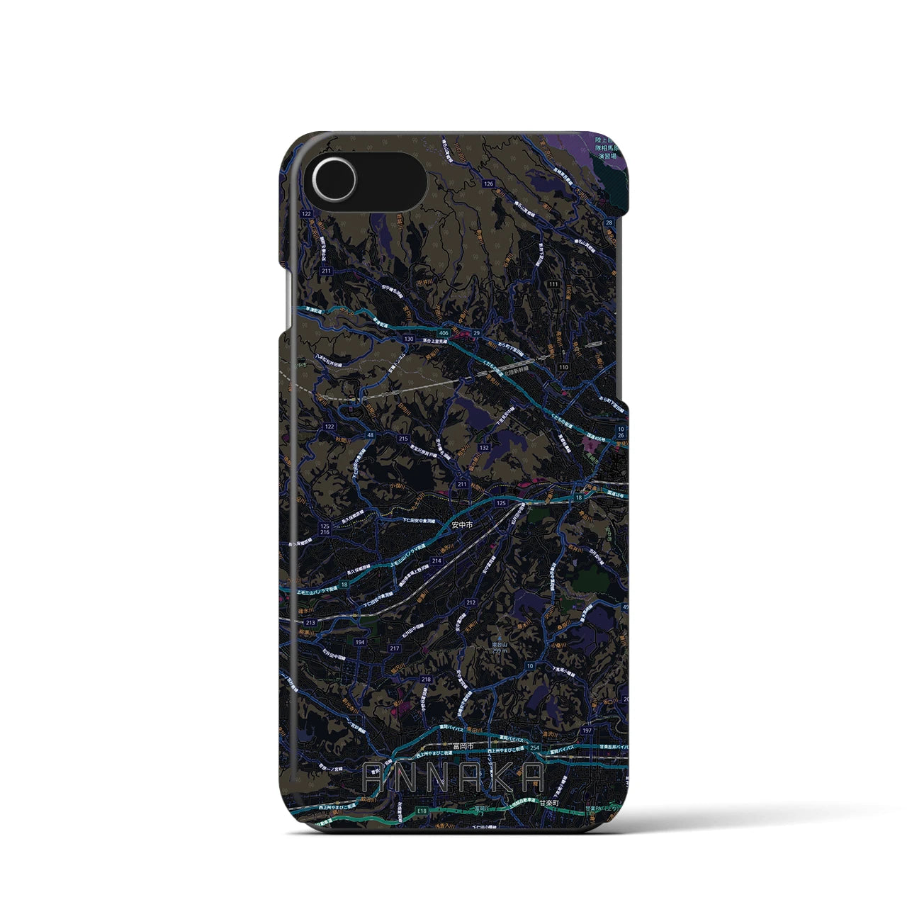 【安中(群馬県)】地図柄iPhoneケース(バックカバータイプ)ブラック・iPhone SE(第3 / 第2世代) / 8 / 7 / 6s / 6 用