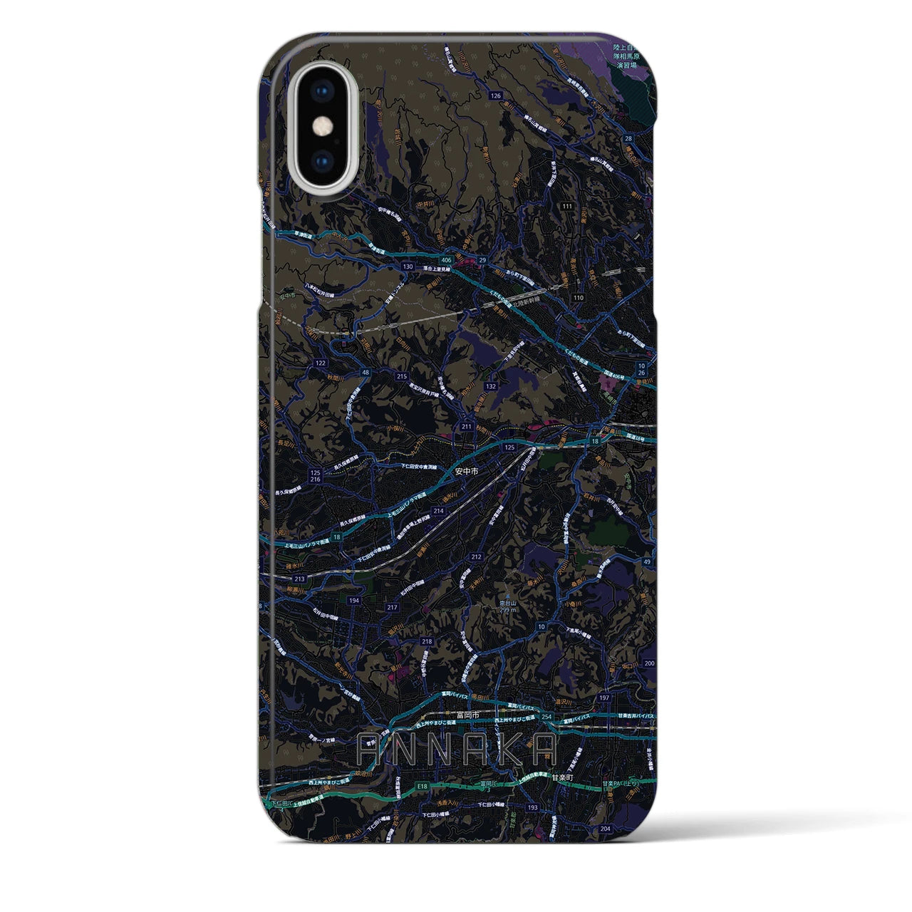 【安中(群馬県)】地図柄iPhoneケース(バックカバータイプ)ブラック・iPhone XS Max 用