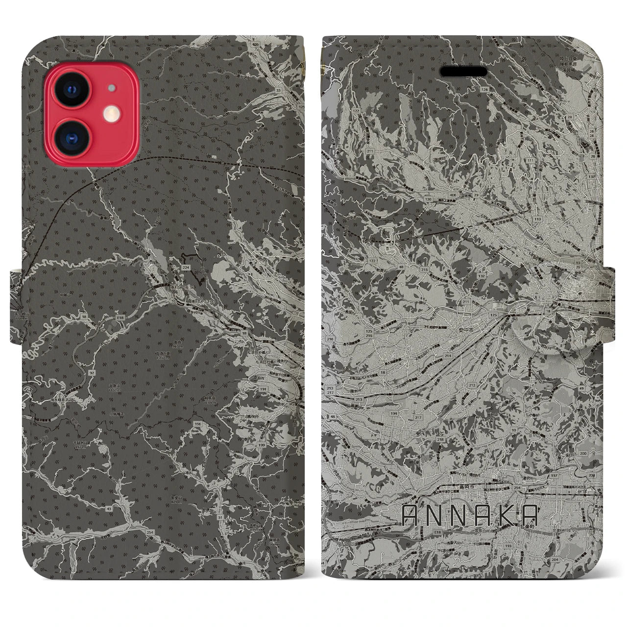 【安中(群馬県)】地図柄iPhoneケース(手帳タイプ)モノトーン・iPhone 11 用