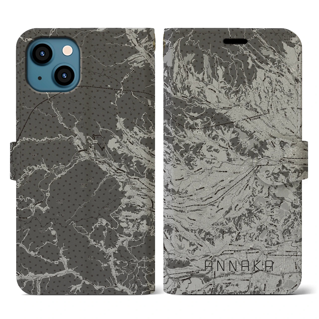 【安中(群馬県)】地図柄iPhoneケース(手帳タイプ)モノトーン・iPhone 13 用