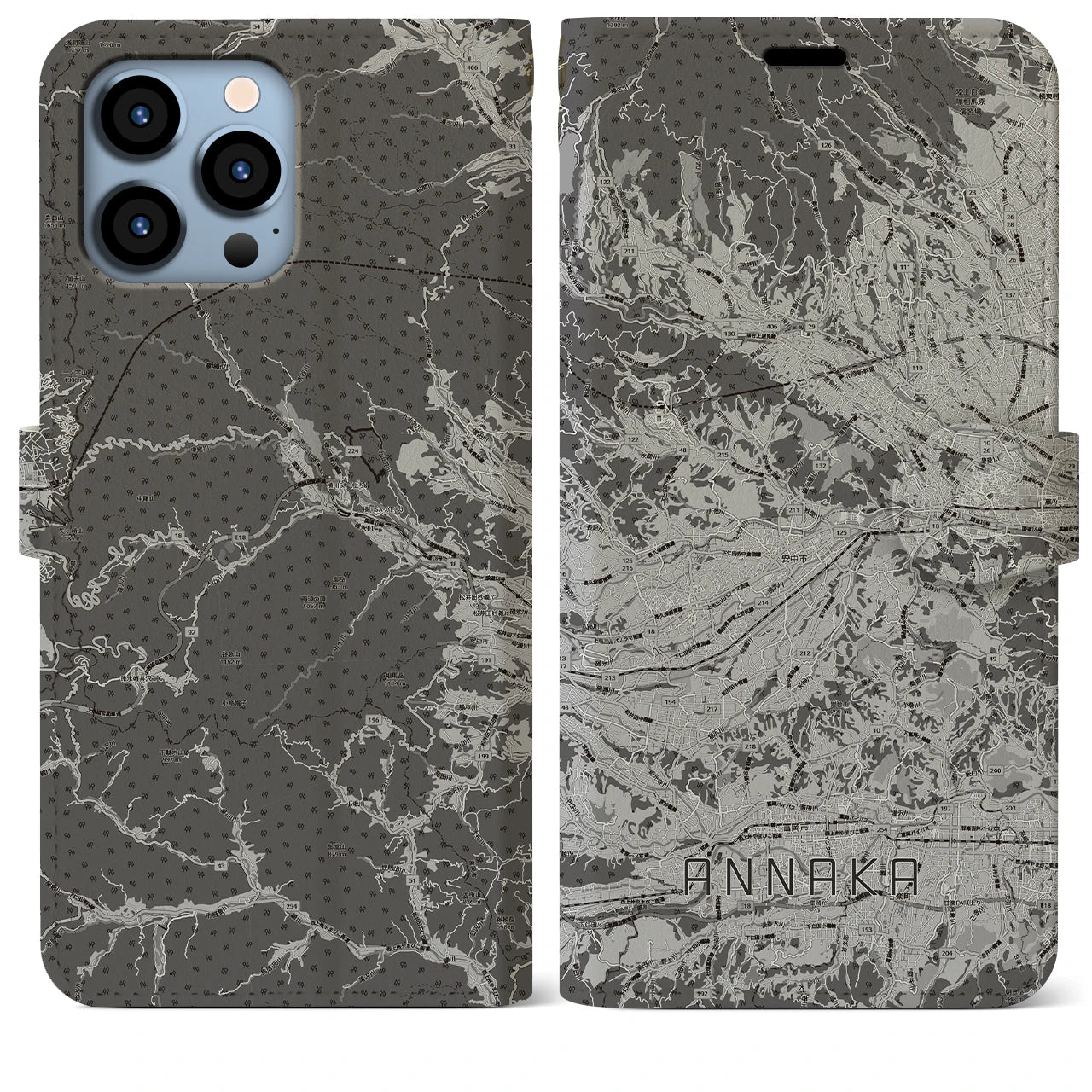 【安中(群馬県)】地図柄iPhoneケース(手帳タイプ)モノトーン・iPhone 13 Pro Max 用