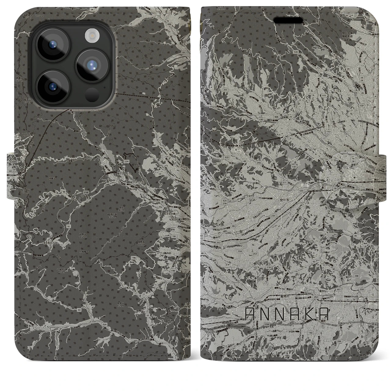 【安中(群馬県)】地図柄iPhoneケース(手帳タイプ)モノトーン・iPhone 15 Pro Max 用
